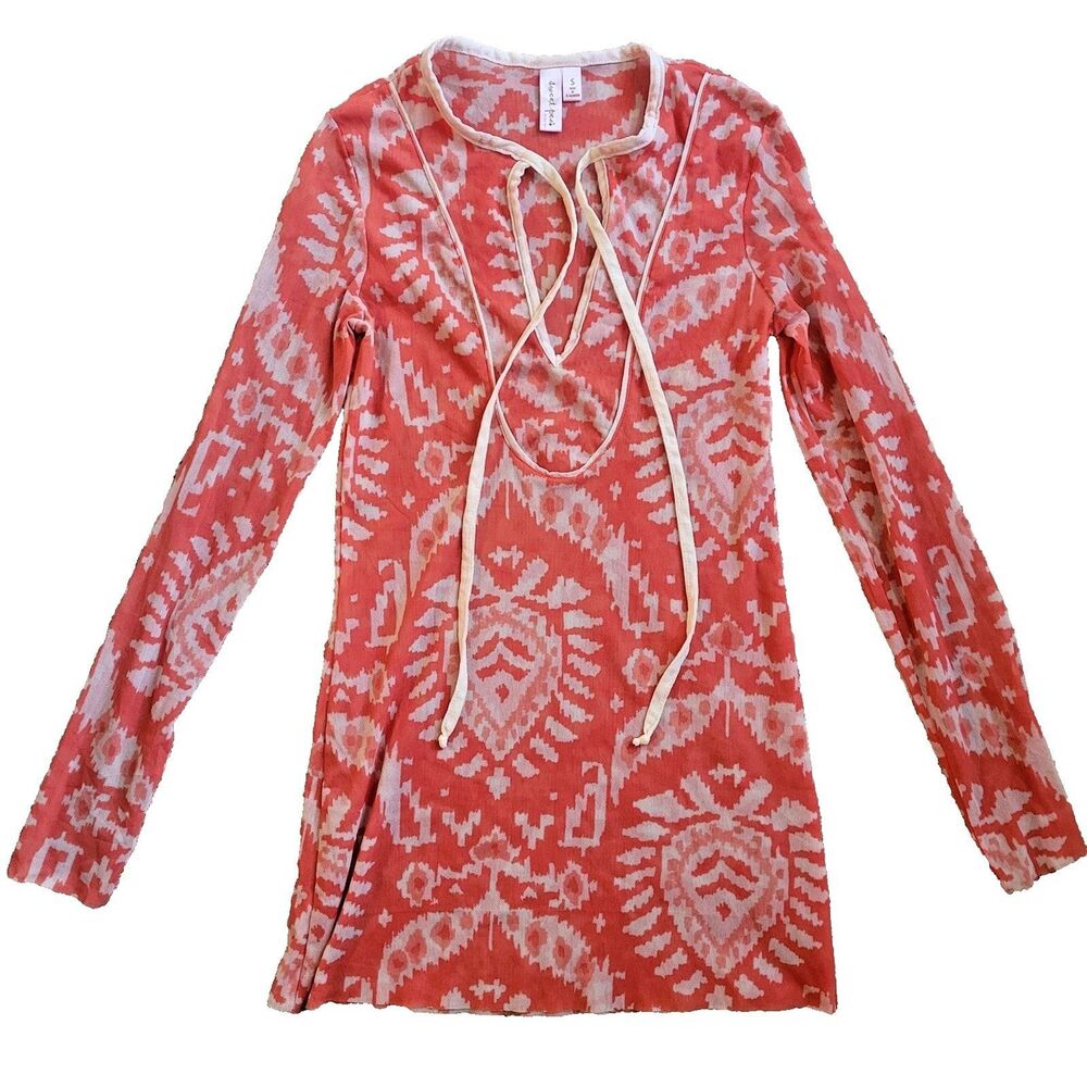 Sweet Pea Y2K Vintage Mesh Long Sleeve Fitted Tunic Top Sz Small Orange V-Neck